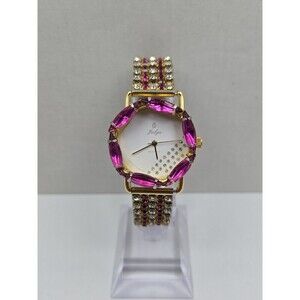 Jalga Womens Pink Crystals Rhinestones Dress Watch Gold Bracelet New Battery